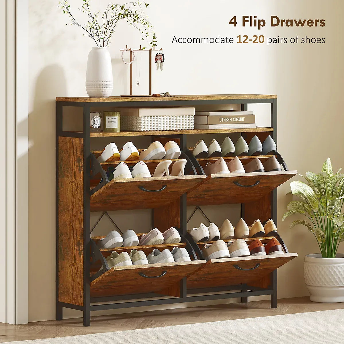 Homcom Shoe Cabinet 4 Flip Drawers Holds 20 Pairs Family-Furniture Kingdom